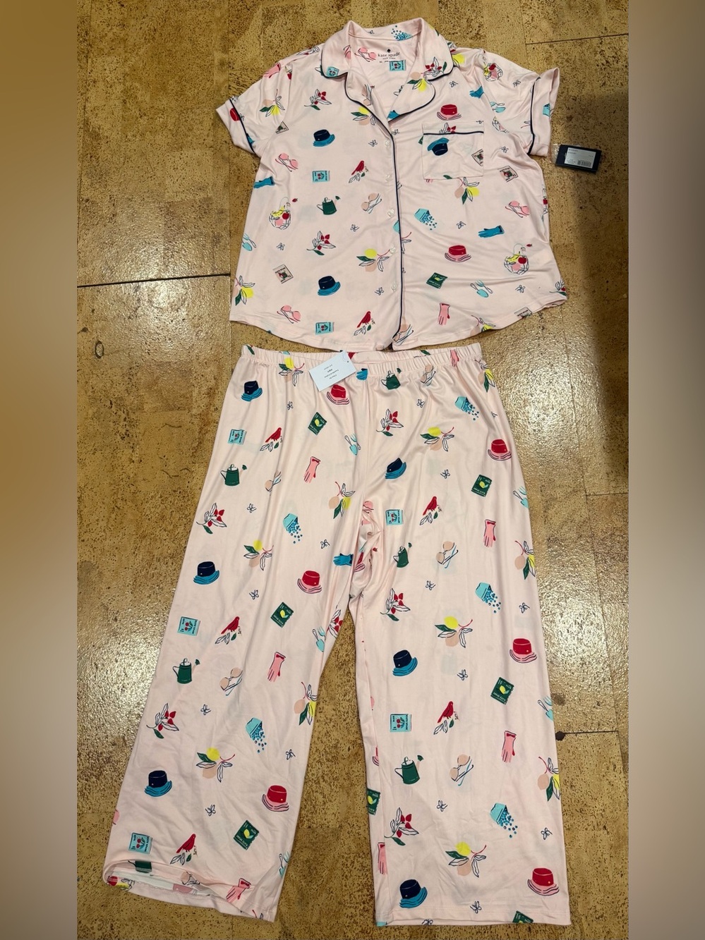 New kate spade Pink Short-Sleeve Pajama Set with Multicolor Motif Print Size XL